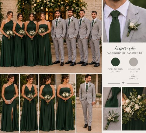 Inspiração para os padrinhos: madrinhas de vestido longo verde-floresta e padrinhos de terno cinza-claro com gravata verde, com a legenda das duas cores.